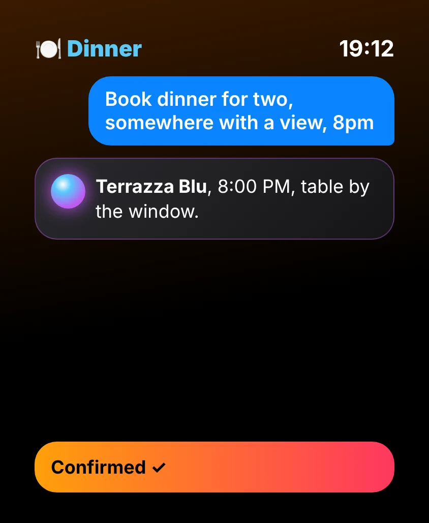 G Bot – Dinner: Terrazza Blu, 8:00 PM, table by the window. Confirmed ✓