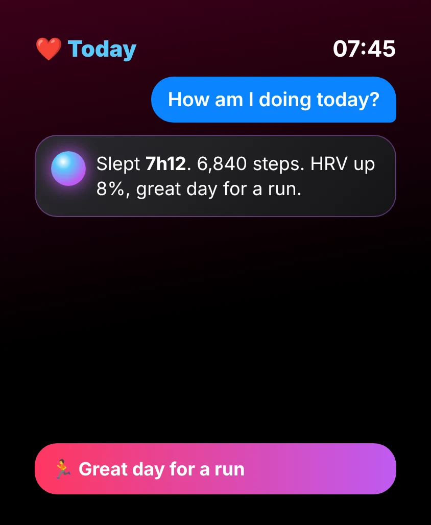 G Bot – Today: Slept 7h12. 6,840 steps. HRV up 8%, great day for a run. 🏃 Great day for a run