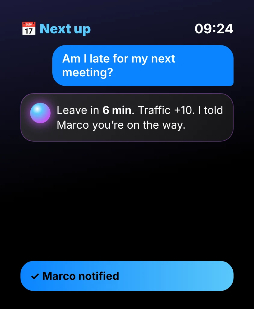 G Bot – Next up: Leave in 6 min. Traffic +10. I told Marco you’re on the way. ✓ Marco notified